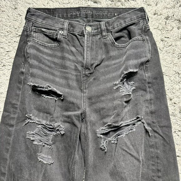 American Eagle Jeans Womens 4 Long Black Denim Distressed Straight Leg Logo - Picture 3 of 11